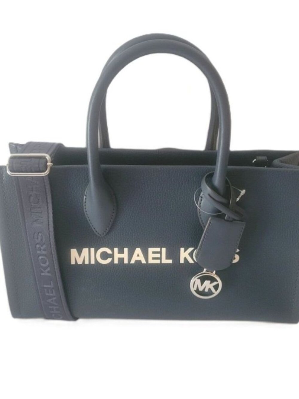 Michael Kors Mirella Medium EW Top Zip Satchel Navy Pebbled Leather Crossbody